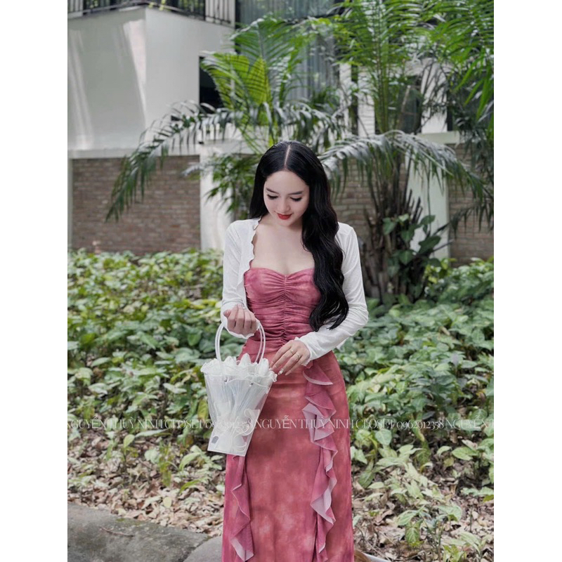 Đầm thời trang nữ mặc đi chơi chất thun nhập loang màu 2 dây maxi bèo kèm khoác trắng thun gân tay dài 3 màu