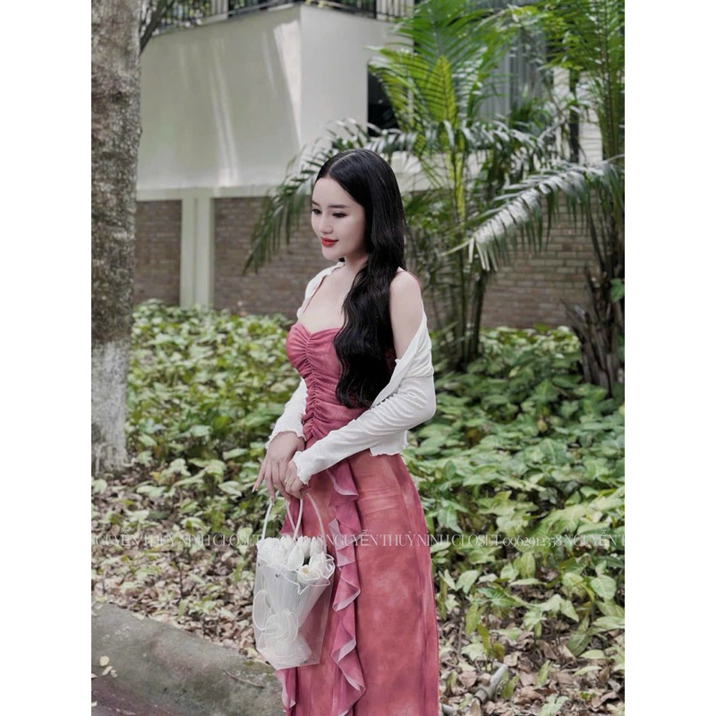 Đầm thời trang nữ mặc đi chơi chất thun nhập loang màu 2 dây maxi bèo kèm khoác trắng thun gân tay dài 3 màu