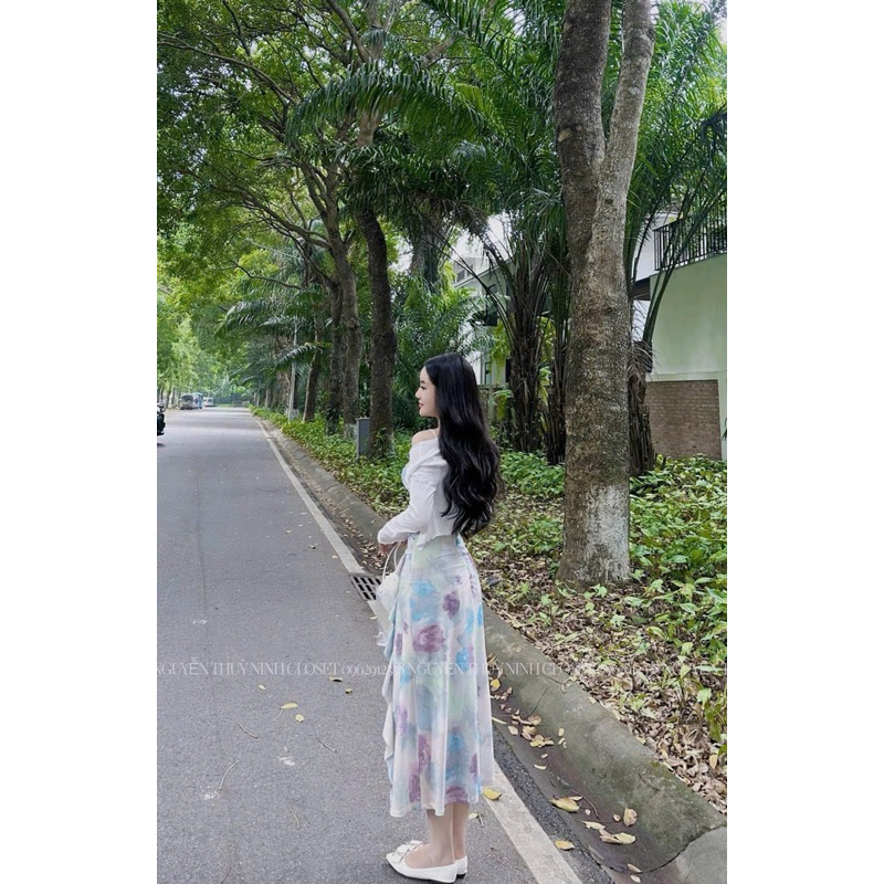 Đầm thời trang nữ mặc đi chơi chất thun nhập loang màu 2 dây maxi bèo kèm khoác trắng thun gân tay dài 3 màu