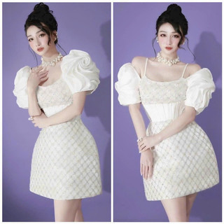 Đầm ren lưới kim sa xoăn hoa đính đá