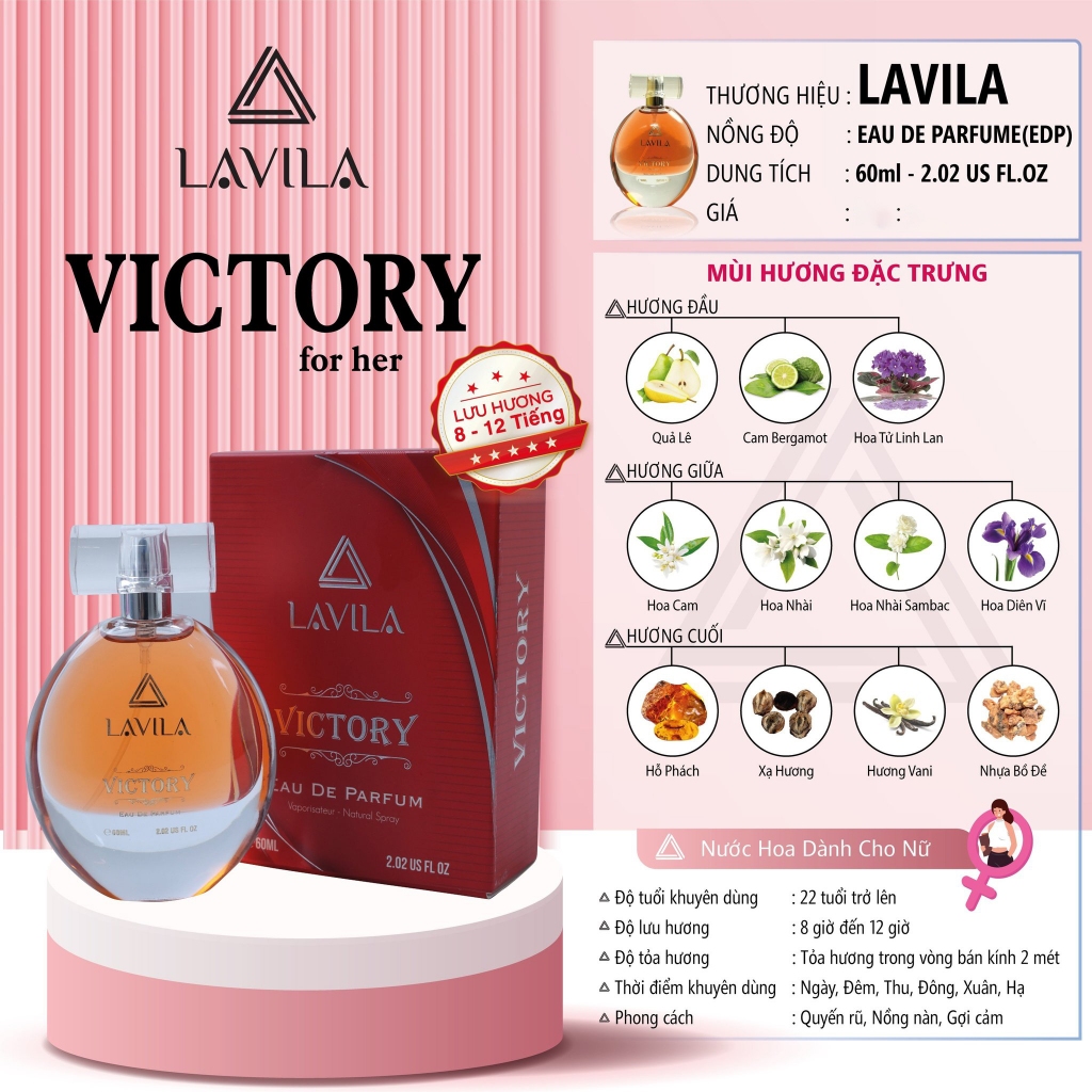 Nước Hoa Nữ Lavila Victory 60ml Chính hãng - Mùi Hương Quyến Rũ Thơm Lâu 8-12 Tiếng