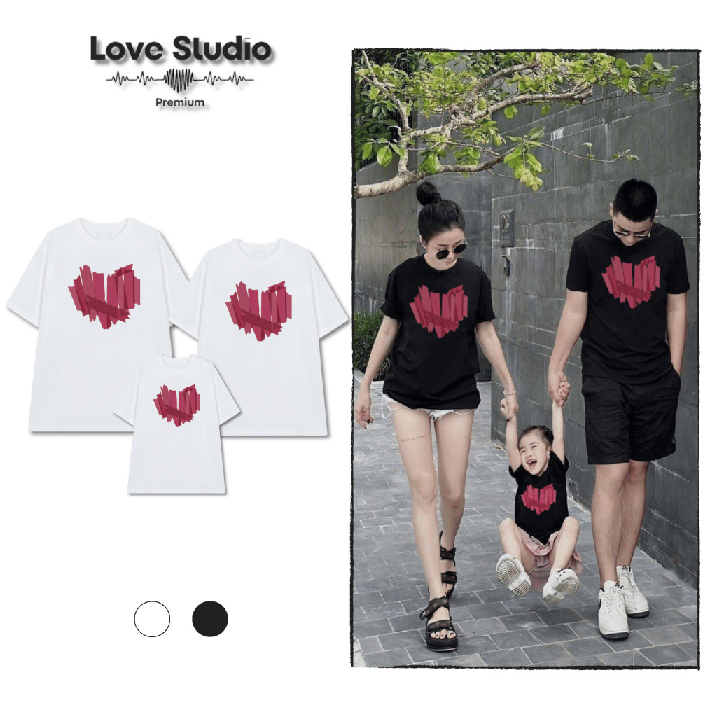 Áo thun gia đình nam nữ màu đen trắng trái tim to