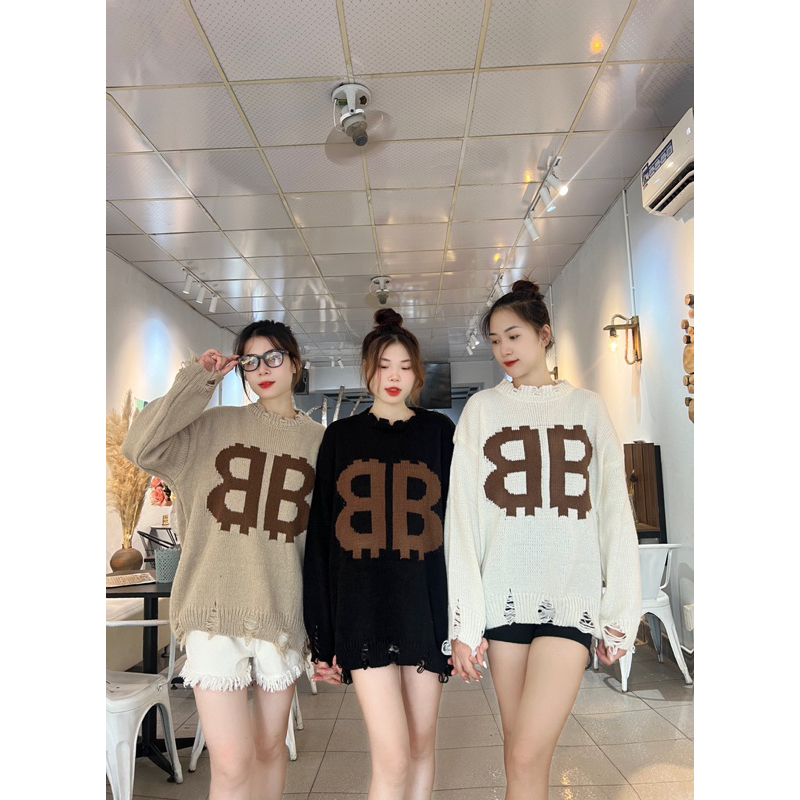 Áo len rách cá tính chữ B / Ảnh thật