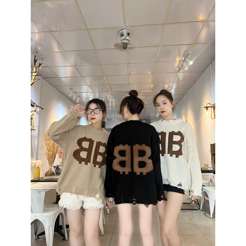 Áo len rách cá tính chữ B / Ảnh thật