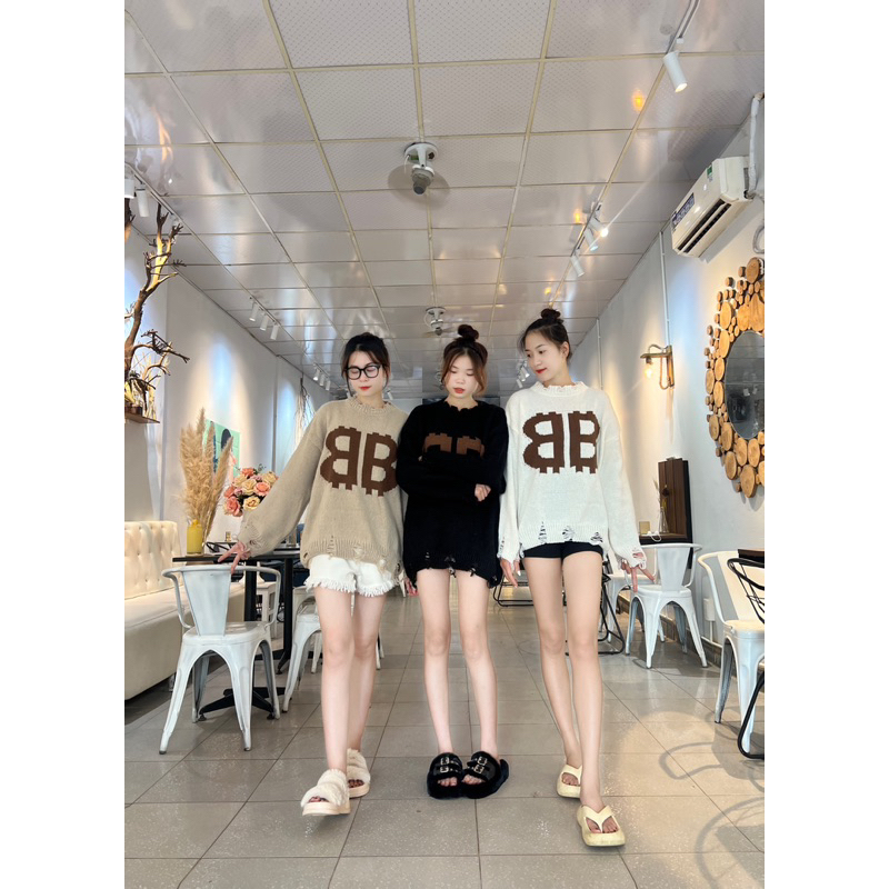 Áo len rách cá tính chữ B / Ảnh thật