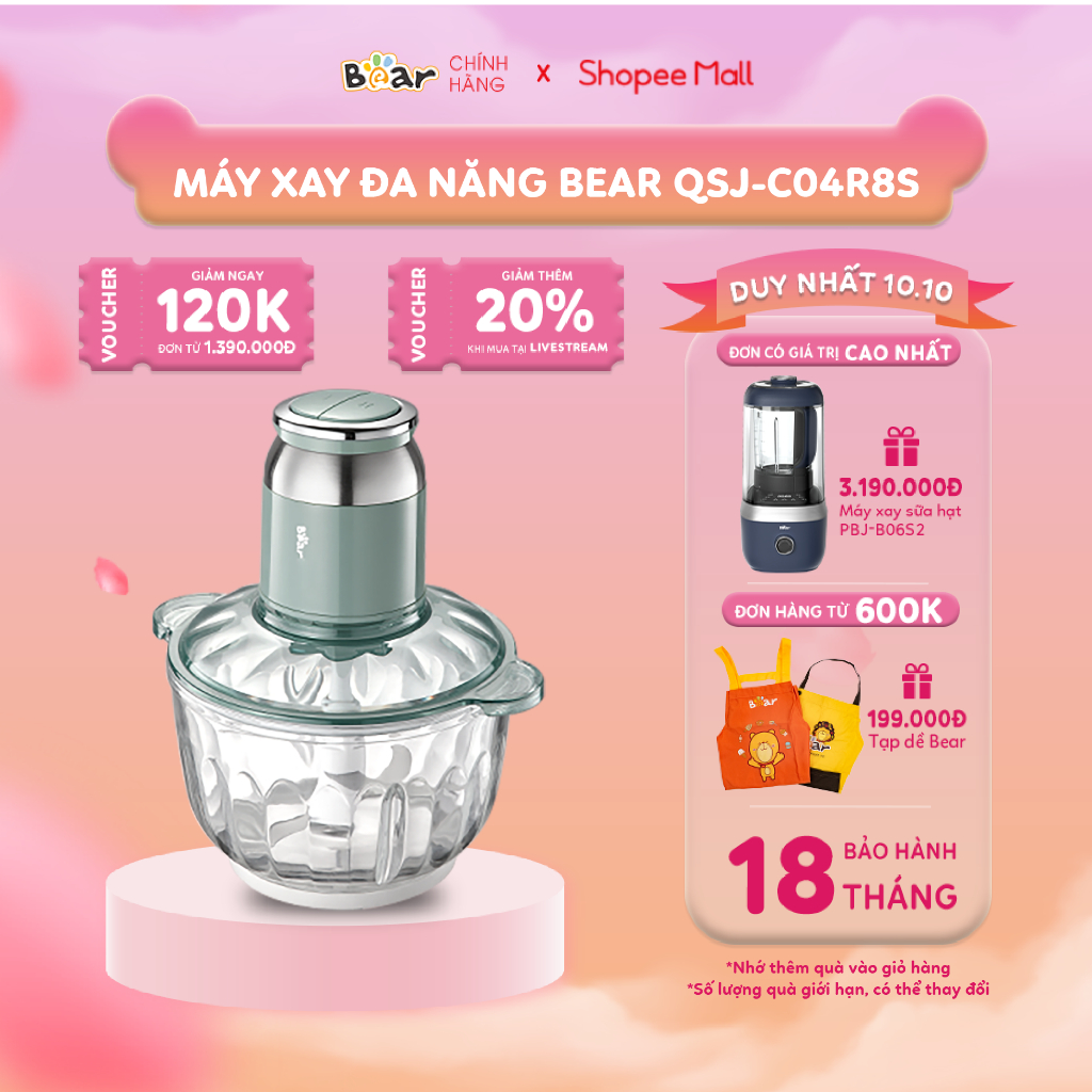 Máy Xay Thịt Bear 2.5L Đa Năng Xay Tỏi Ớt, Xay Đồ Ăn Dặm Cho Bé Động Cơ Mạnh Mẽ - QSJ-C04R8S