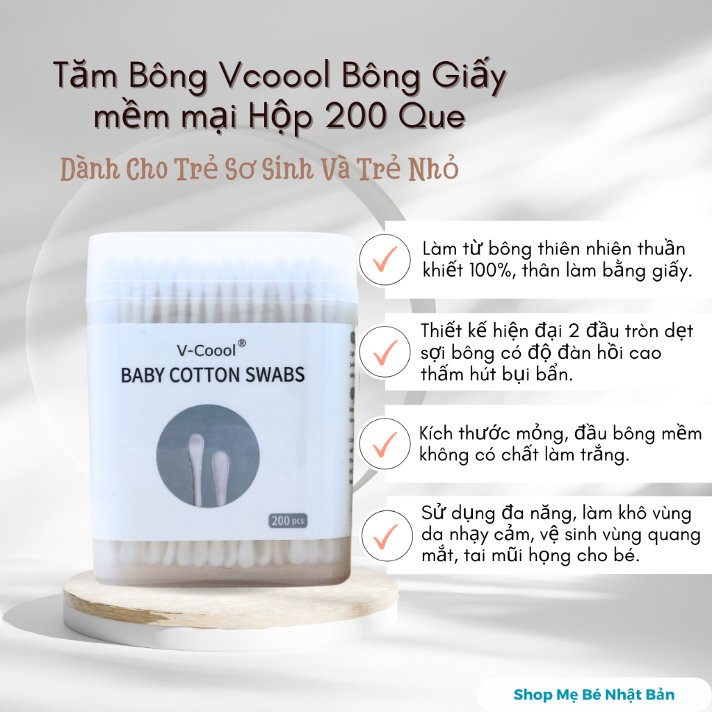 Tăm Bông Vcool Cho Bé Sơ Sinh Và Trẻ Nhỏ Hộp 200 Que Vcoool 2 Đầu Dẹt Và