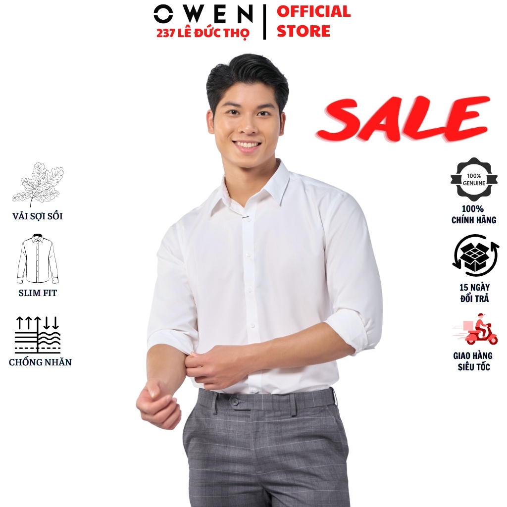 Áo sơ mi trắng trơn nam OWEN AS230329D somi công sở dài tay form slim fit tà lượn không túi chất sợi sồi cao cấp mềm mát