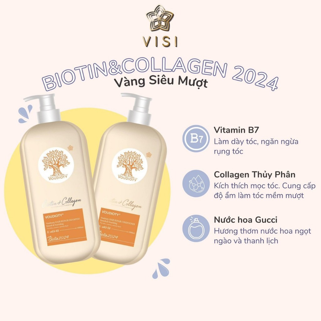 Dầu gội xả siêu mượt, kích mọc tóc Biotin Collagen Voudioty vàng 1000ML phiên bản 2024