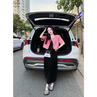 [10.10 Sales Freeship] Set đầm nữ phong cách hàn quốc, đầm thun đen 2 dây dáng dài kèm khoác leni hồng chanh sả