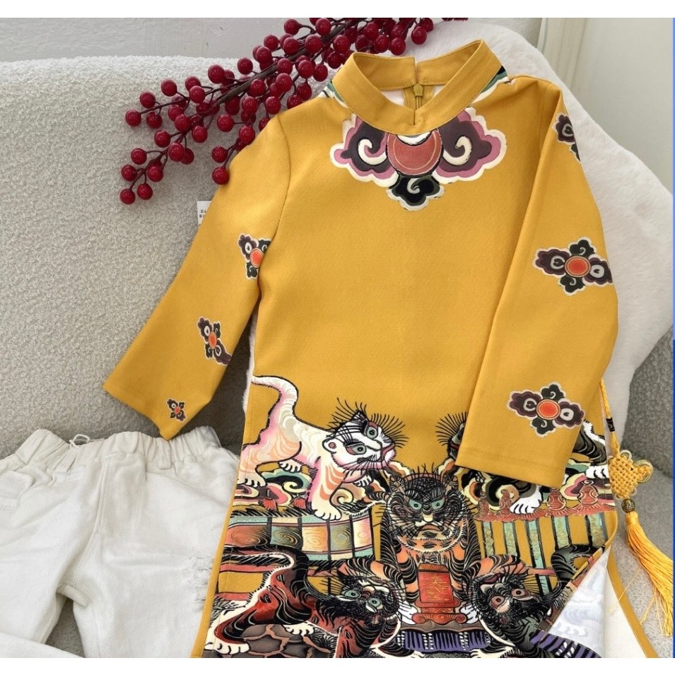 Áo dài cách tân họa tiết Ngũ hổ liệu chất nhung tăm hàn cao cấp cho bé trai từ 9-37 kg, áo dài tết xẻ tà cho bé