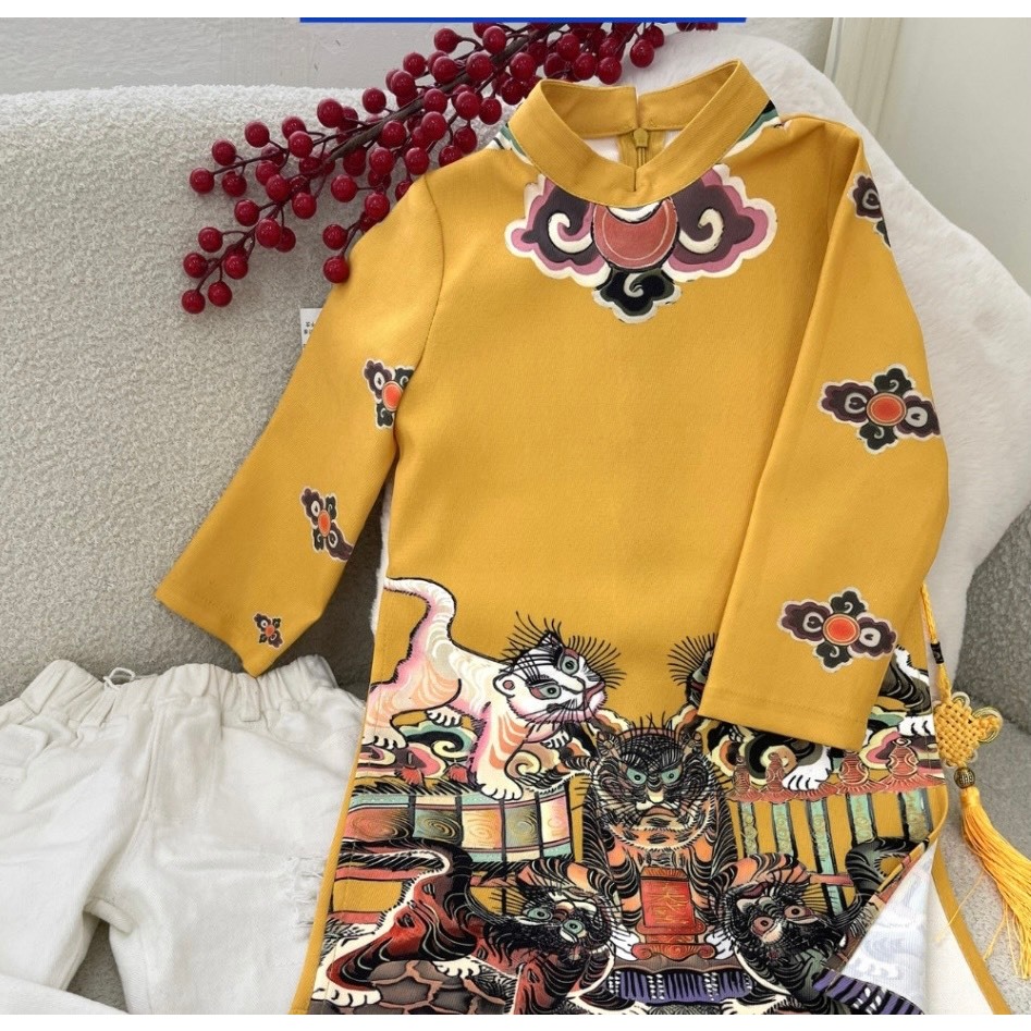 Áo dài cách tân họa tiết Ngũ hổ liệu chất nhung tăm hàn cao cấp cho bé trai từ 9-37 kg, áo dài tết xẻ tà cho bé