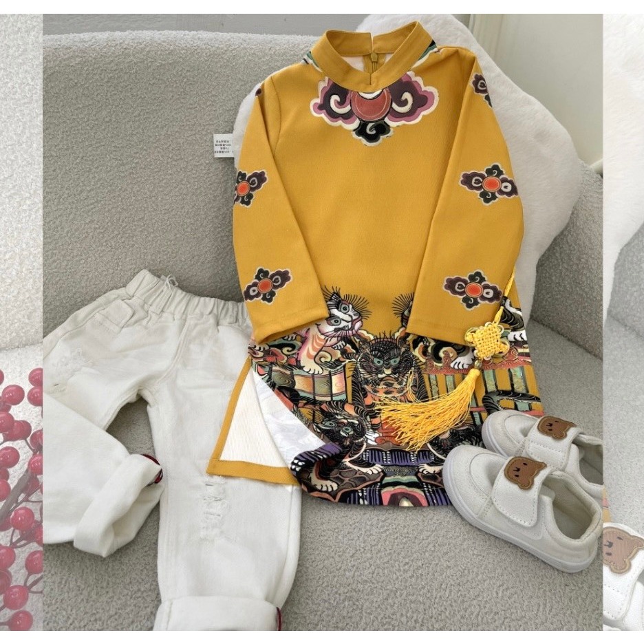 Áo dài cách tân họa tiết Ngũ hổ liệu chất nhung tăm hàn cao cấp cho bé trai từ 9-37 kg, áo dài tết xẻ tà cho bé