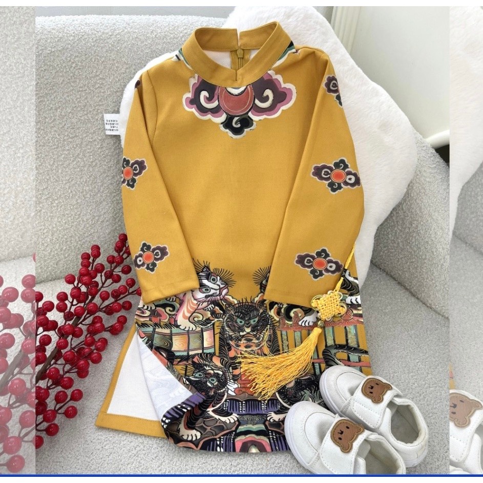 Áo dài cách tân họa tiết Ngũ hổ liệu chất nhung tăm hàn cao cấp cho bé trai từ 9-37 kg, áo dài tết xẻ tà cho bé