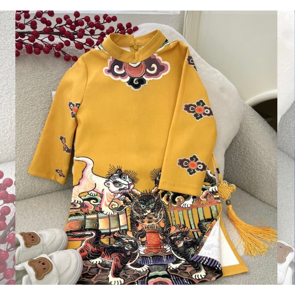 Áo dài cách tân họa tiết Ngũ hổ liệu chất nhung tăm hàn cao cấp cho bé trai từ 9-37 kg, áo dài tết xẻ tà cho bé