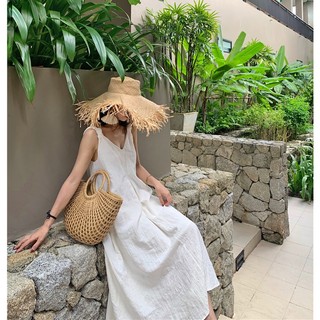 Váy maxi thô trắng dáng suông quai thắt nút lạ mắt - MS143 (Có ảnh thật)