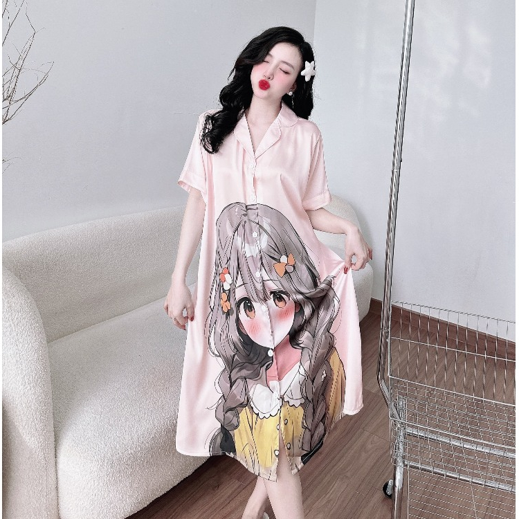 Váy Ngủ Nữ SOJUN Đầm Sơ Mi Thiết Kế Bigize 55-80kg free size