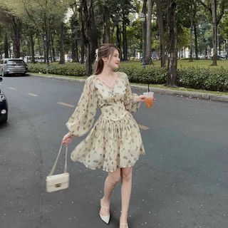 Đầm nữ thời trang mặc đi chơi, đầm xoè chất vải Voan hoa 2 lớp tay phồng dài có mút ngực,