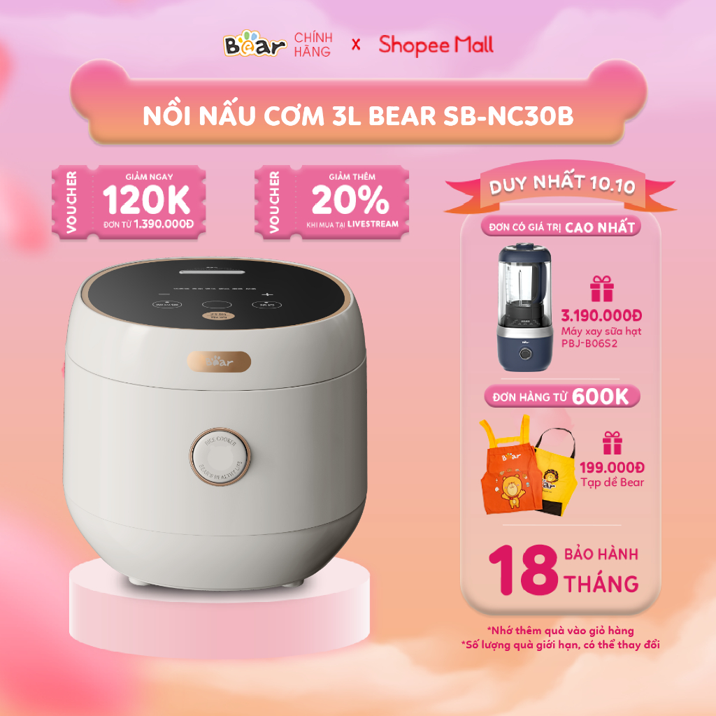 Nồi Cơm Điện Tử Bear 3L Lòng Nồi 6 Lớp Đa Năng Nấu Cơm Nấu Cháo Hầm Hấp Hâm Nóng Hẹn Giờ Lên Đến 12 Tiếng - SB-NC30B