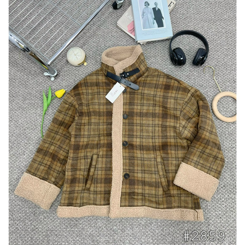Áo khoác kẻ caro lông cừu siêu dày siêu sang phối màu kẻ nâu hàng QC cao cấp
