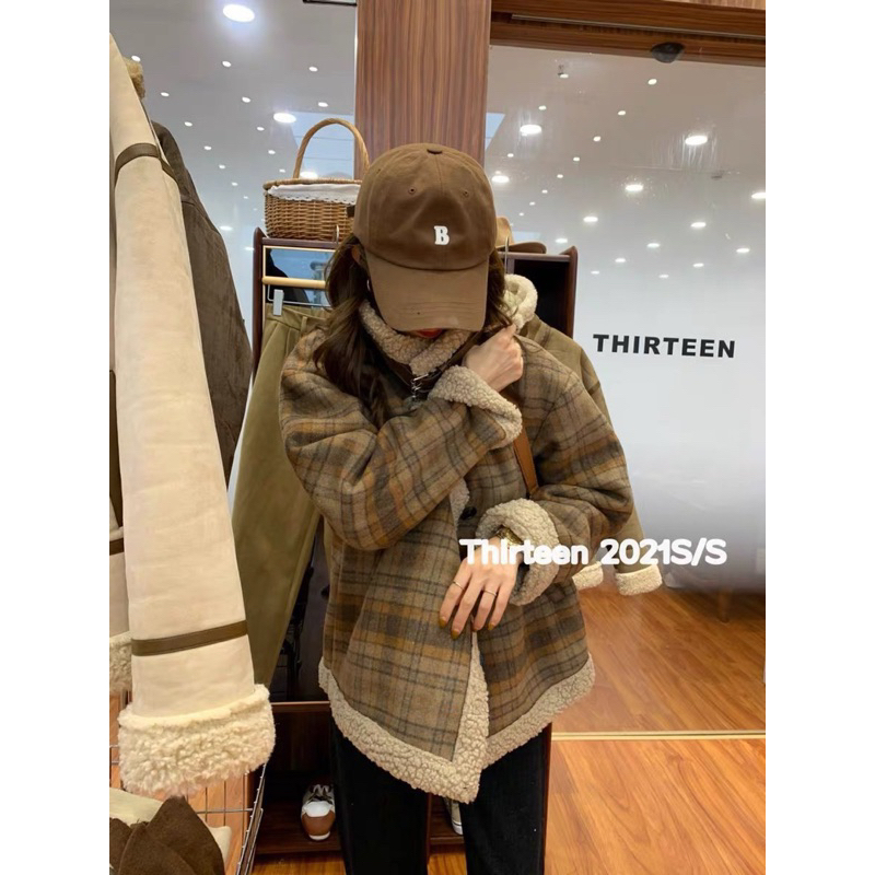 Áo khoác kẻ caro lông cừu siêu dày siêu sang phối màu kẻ nâu hàng QC cao cấp