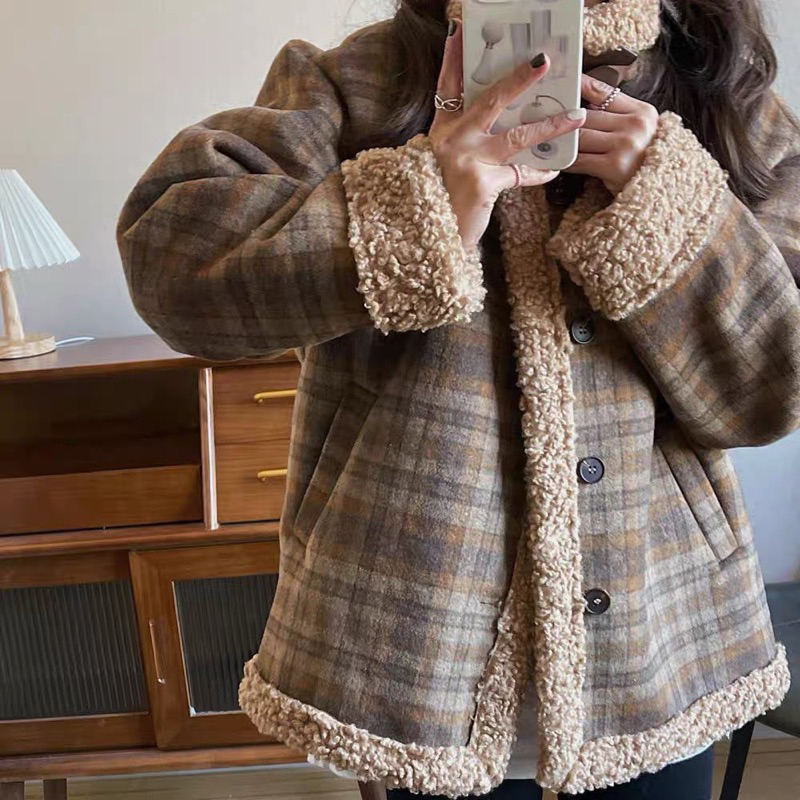 Áo khoác kẻ caro lông cừu siêu dày siêu sang phối màu kẻ nâu hàng QC cao cấp