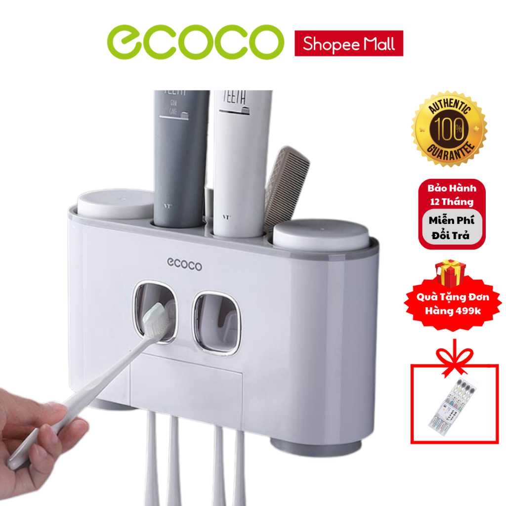 Bộ Nhả Kem Đánh Răng ECOCO 4 Cốc 2 Nhả Kem E1802, Kệ Để Bàn Chải Dán Tường Cao Cấp Hàng Chính Hãng