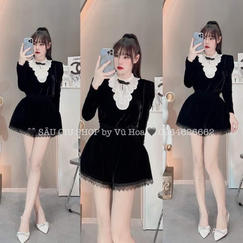 Áo nhung cổ tròn Tay Dài Pha bèo Tiểu Thư Siêu Đẹp New