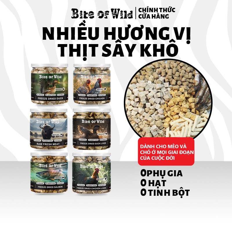 Thịt Sấy Khô Nhiều Vị Bite of Wild Dành Cho Chó Và Mèo Mọi Lứa Tuổi Không Ngũ Cốc, Làm Hoàn Toàn Từ Thịt