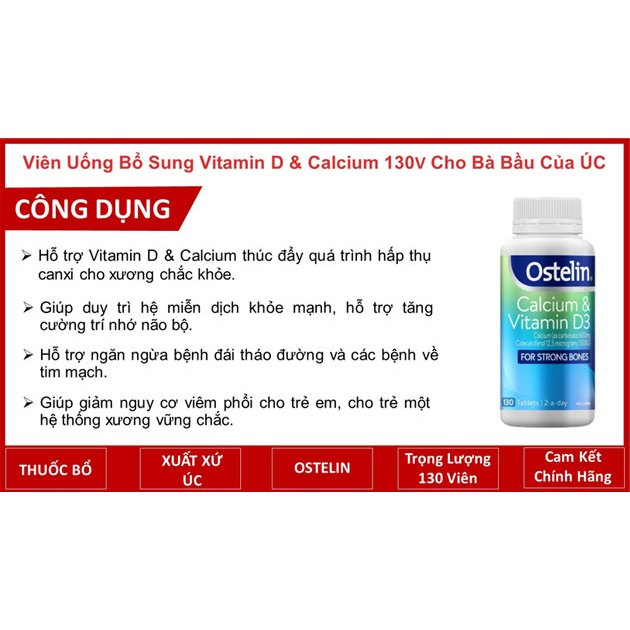 Viên Uống Bổ Sung Vitamin D3 & Canxi Ostelin 130 Viên