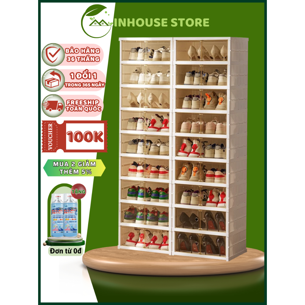 Tủ giày gấp gọn Ginhouse 36 đôi 9104-8-1G chất liệu nhưa PP cao cấp, Cửa trong suốt sang trọng, Hộp đựng giày cao cấp