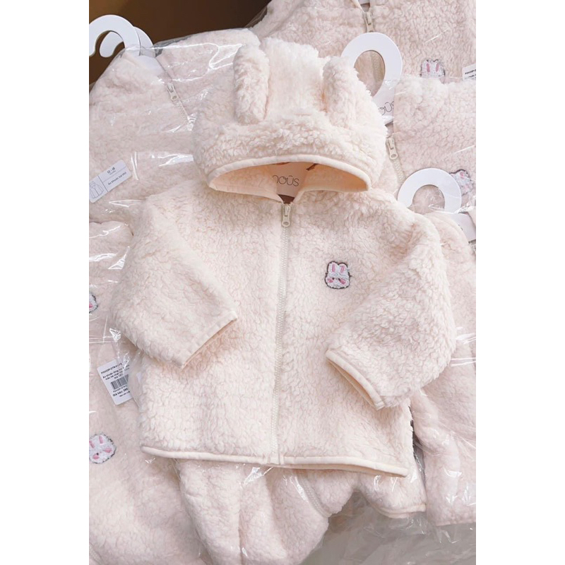 Áo khoác lông mũ tai gấu màu nâu thêu hình gấu Nous cho bé