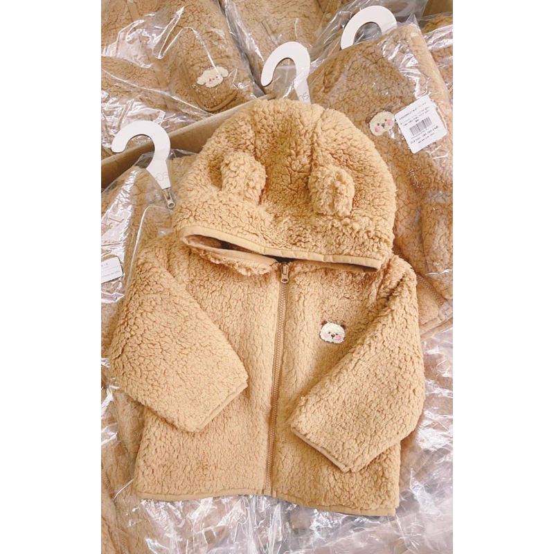 Áo khoác lông mũ tai gấu màu nâu thêu hình gấu Nous cho bé