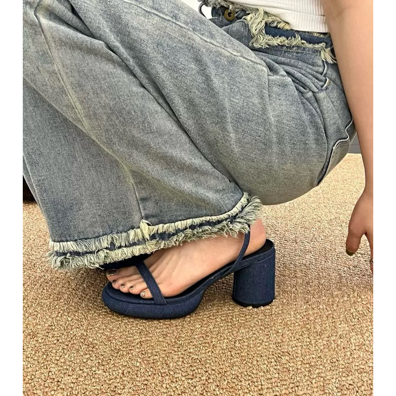 Sandal dây mảnh đế đúp chất liệu denim