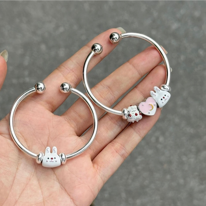 Vòng tay bạc charm thỏ dễ thương vòng mở nút bi Silvergo