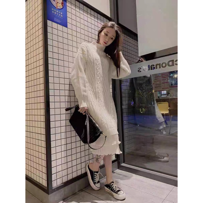 Váy len xoắn thừng dáng suông dài phối viền đuôi cá 2 tầng điệu đà nhiều màu vintage Hàn Quốc