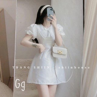 Đầm nữ dáng xòe dự tiệc tay bồng cổ bèo màu trắng