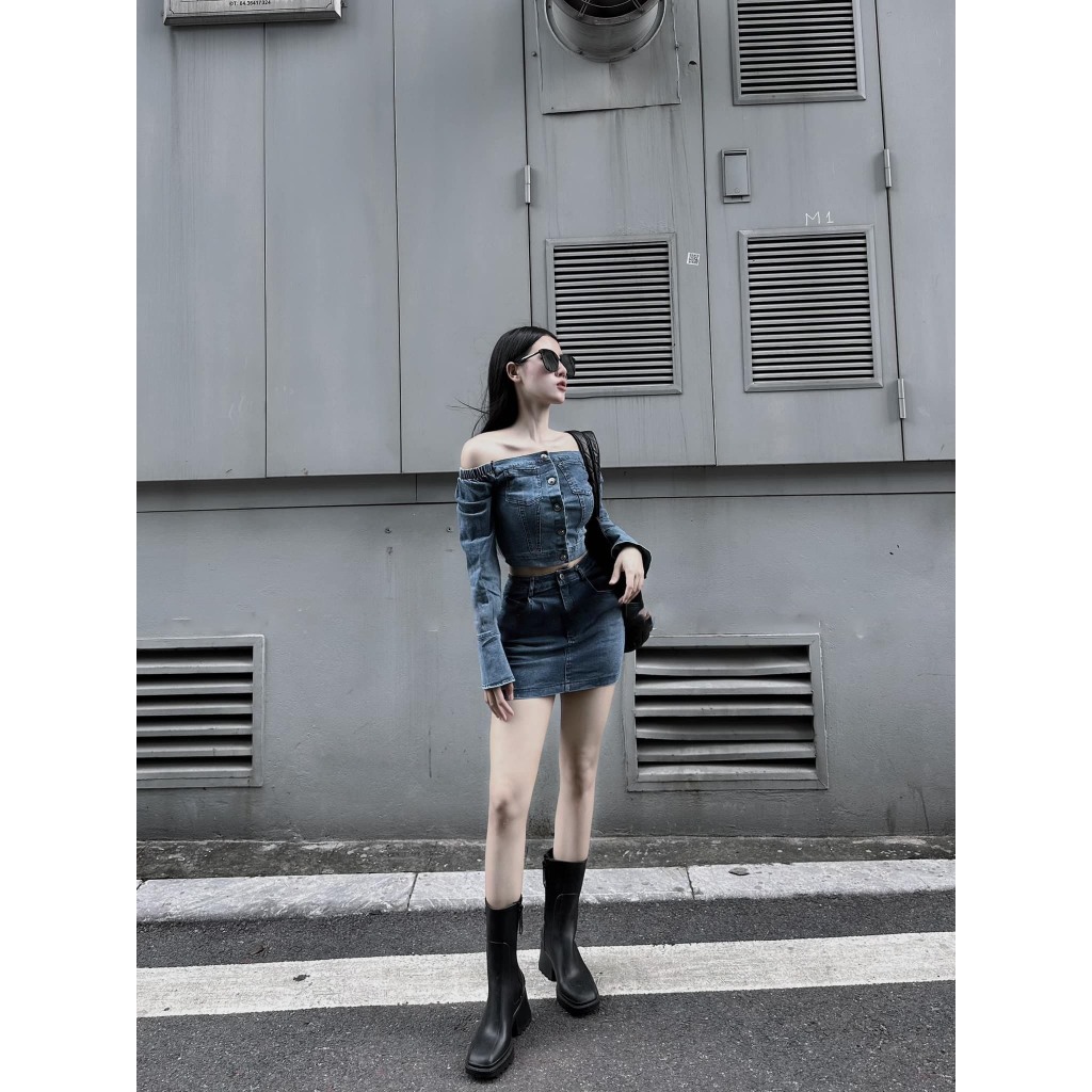 SET JEAN ÁO TRỄ VAI KÈM CHÂN VÁY