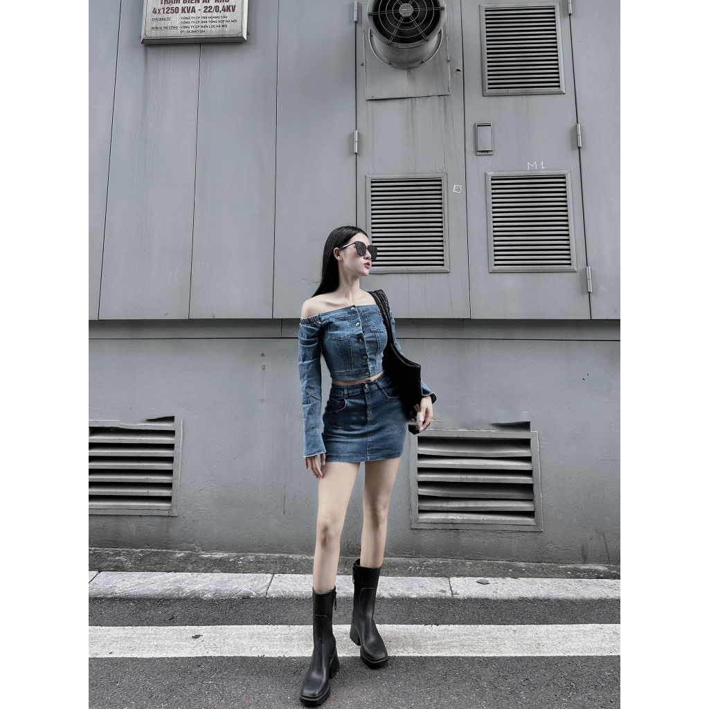 SET JEAN ÁO TRỄ VAI KÈM CHÂN VÁY