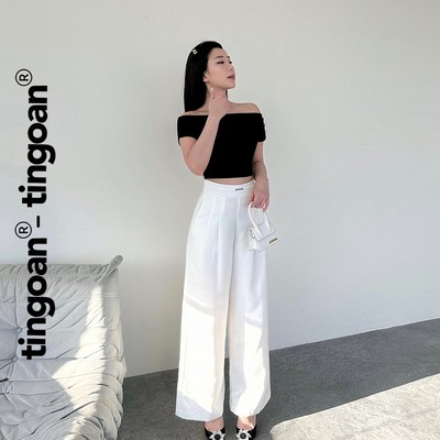 TINGOAN® - Quần dài trắng cạp cao đính logo TINGOAN® cullottes CHEN CHEN PANTS V2/WH PHIÊN BẢN T6.2026