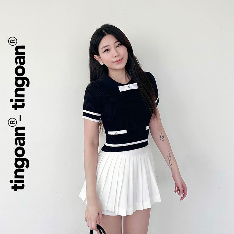 TINGOAN® - Áo len mỏng đen cổ bẻ đính nơ túi sun viền trắng NORA TOP/BL