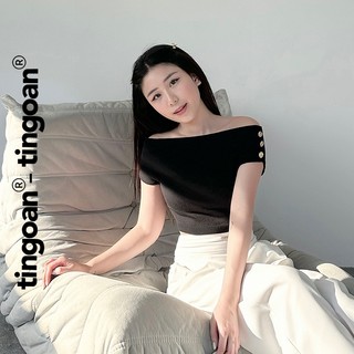 TINGOAN® - Áo len xù trễ vai croptop đen đính 3 cúc vai MELANIE OFF/BL