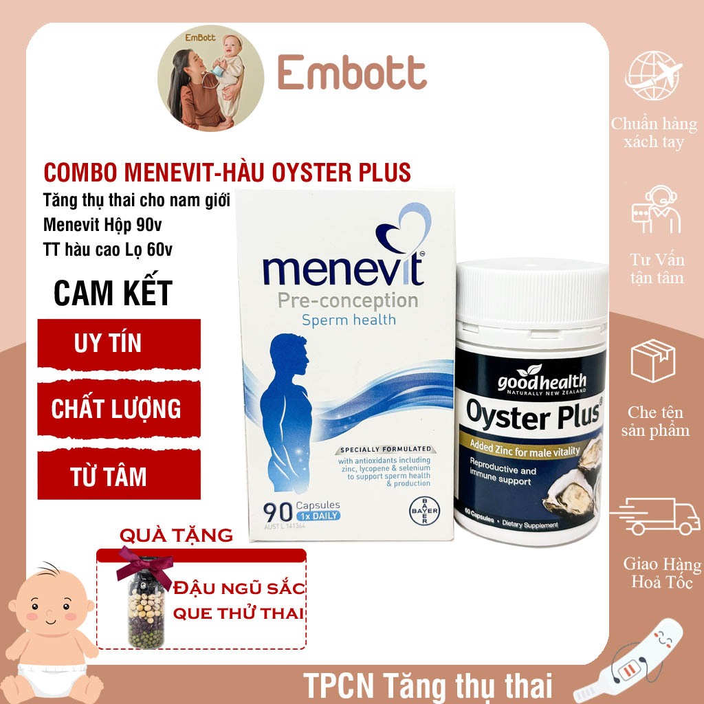 Menevit và hàu Good Health oyster plus combo tăng thụ thai cho nam Embott