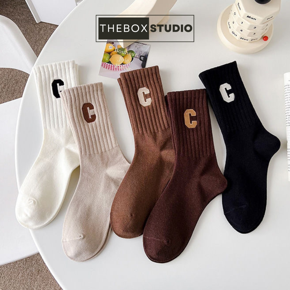 Tất vớ nữ nam chữ C cao cổ dài trắng dễ thương hàn quốc đẹp THE BOX STUDIO đủ màu đen, trắng, nâu, khaki co giãn 4 chiều