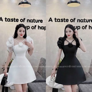 Đầm váy thiết kế dáng xoè tay phối voan phối dây đính bông chanh sả sang trọng Gs0188