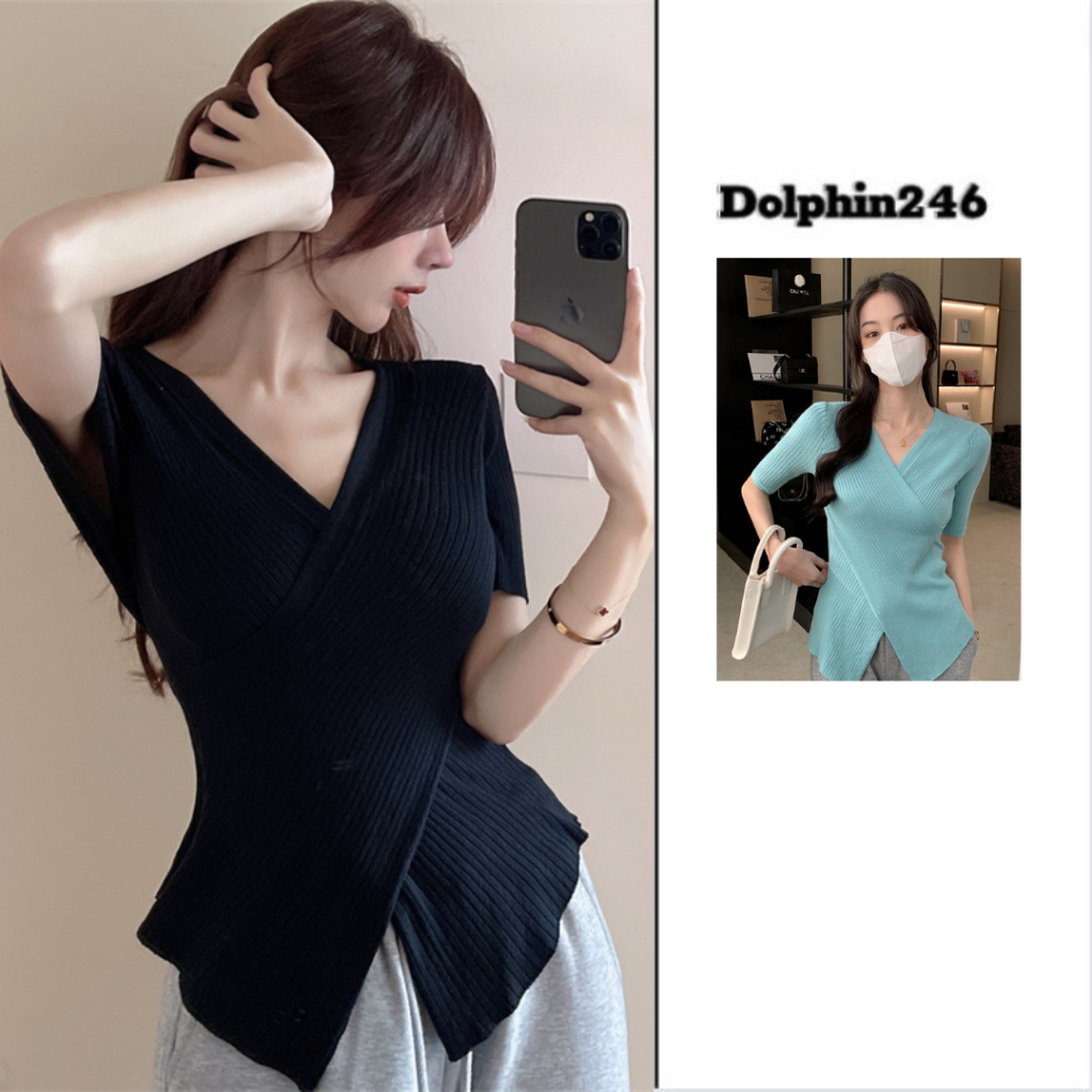 Áo len ngắn tay cổ V sexy vắt tà hottrend cho nữ chất len gân Quảng Châu co dãn thắt eo trẻ trung tôn dáng M179 K1-17