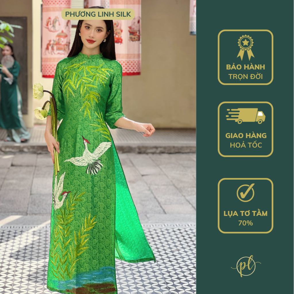 Áo Dài Xanh Két Vẽ Trúc Hạc. Vẽ ACRYLIC