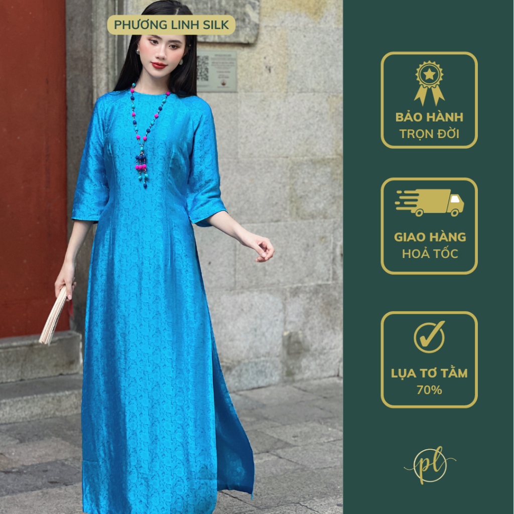 Áo Dài Lụa [ 2023 ] Áo Dài Lụa Truyền Thống Xanh Biển