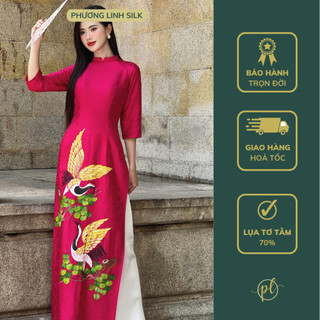 Áo dài lụa áo dài lụa hồng sen chim hạc