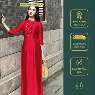 Áo dài lụa áo dài lụa truyền thống cúc đỏ